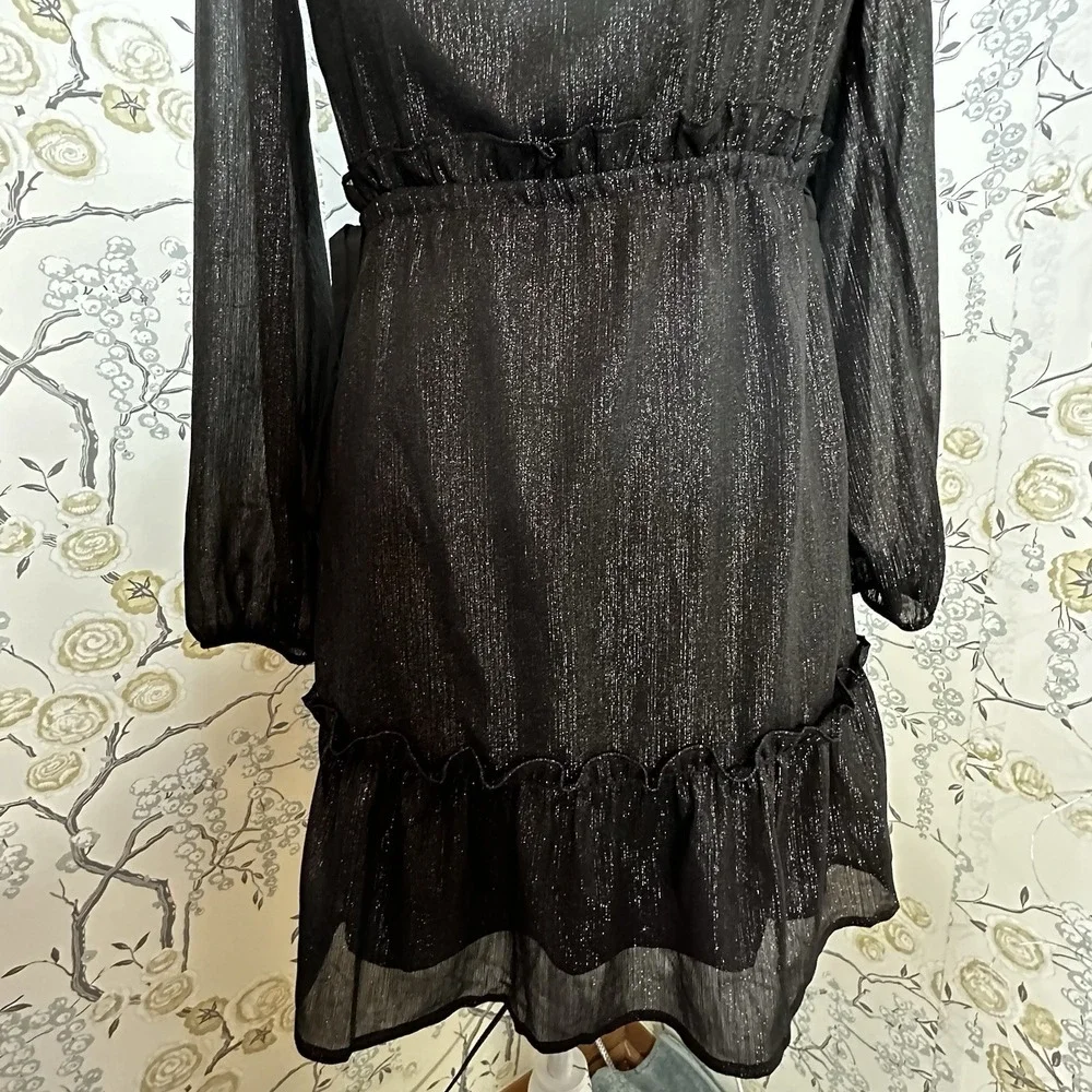 LOFT WOMEN'S BLACK SHIMMERING METALLIC TIERED DRESS SIZE SP NEW WITHOUT TAG - Picture 3 of 8